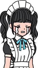 失敗して泣いているブルーの胸のリボンをつけた黒髪のメイド