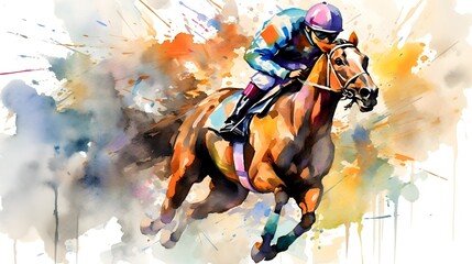 Fototapeta na wymiar Abstract racing horse with jockey from splash of watercolors on white background