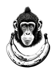 Chimpanzee with banana in black and white style