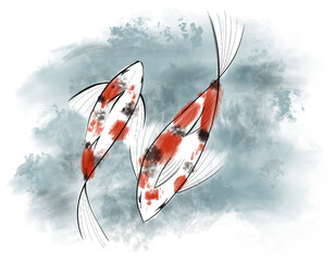 sketch of two koi carp swimming