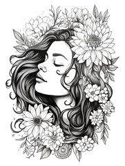 Black and white woman and flowers, adult coloring page