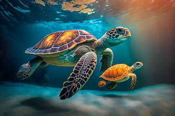 Fototapeta premium Sea turtle swimming in the under sea , Beautiful Underwater and colorfull coral in wild nature of the Pacific Ocean , Created with generative AI