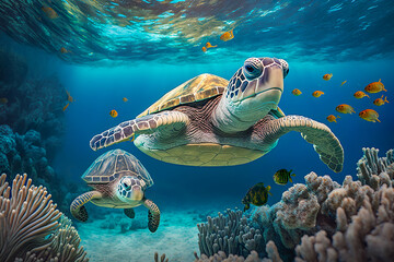 Naklejka na ściany i meble Sea turtle swimming in the under sea , Beautiful Underwater and colorfull coral in wild nature of the Pacific Ocean , Created with generative AI