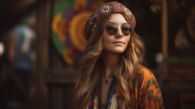 Portrait of a hippi girl with long hair in glasses AI generative image.