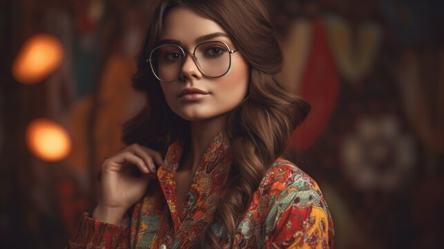 Portrait of a hippi girl with long hair in glasses AI generative image.