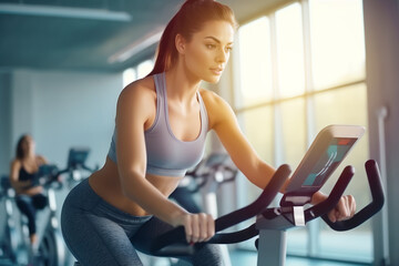 Fototapeta premium Exercise bike workout young woman training in fitness class. Generative AI