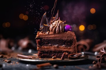 Dark Close up Food Photography of chocolate dessert with bokeh background.