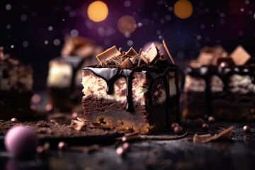 Fototapeta na wymiar Dark Close up Food Photography of chocolate dessert with bokeh background.