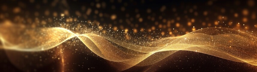 Digital particles of a flowing wave of golden color. Generative AI