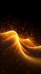 Digital particles of a flowing wave of golden color. Generative AI