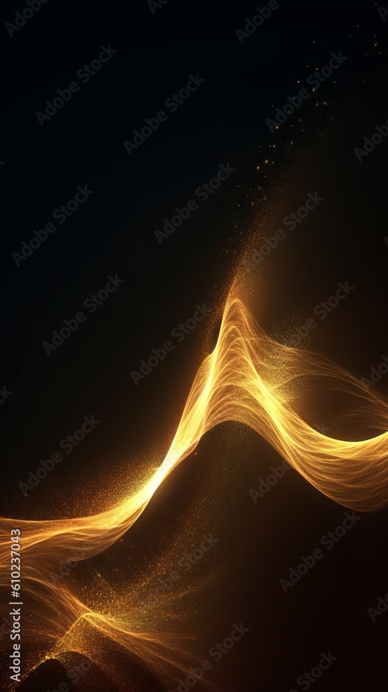 Poster digital particles of a flowing wave of golden color. generative ai