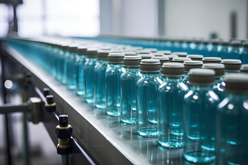 drug factory workshop, free packaging for vaccine, pills, medical drugs. Production concept. AI generated
