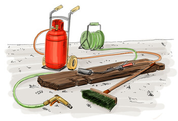 sketch of preserving timber using shou sugi ban or yakisugi