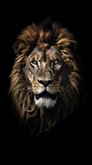 Head of a lion on a black background. Concept of strength and power. Generative AI