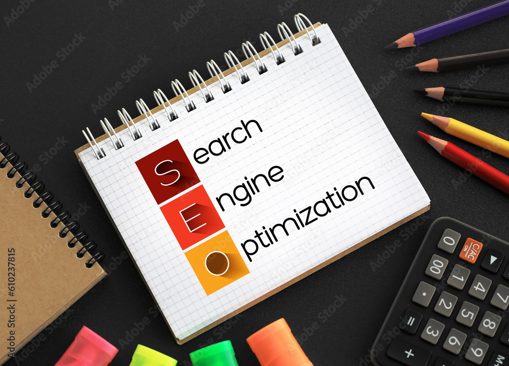 Poster seo search engine optimization acronym - process of improving the quality and quantity of website tr