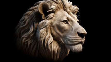 Naklejka premium Head of a lion on a black background. Concept of strength and power. Generative AI