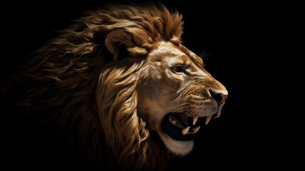 Naklejka premium Head of a lion on a black background. Concept of strength and power. Generative AI