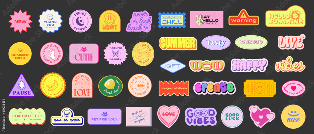 Poster Set Of Y2k Stickers Vector Design. Cool Pop Art Elements. Trendy Patches. Retro Graphics. Geometric Shapes.