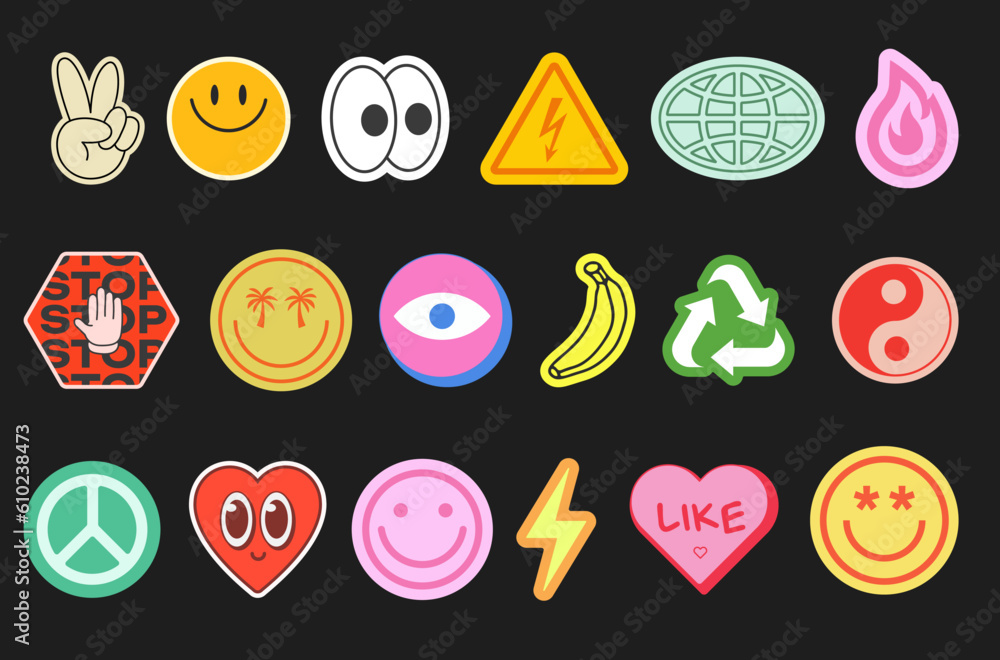 Poster set of y2k stickers vector design. cool pop art elements. trendy patches. comic retro graphics. cart
