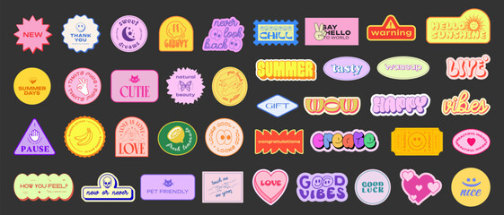 Set Of Y2k Stickers Vector Design. Cool Pop Art Elements. Trendy Patches. Retro Graphics. Geometric Shapes.