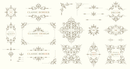 Set of decorative title borders, frames, corners and monograms. Graphic design page. Ornamental pattern.