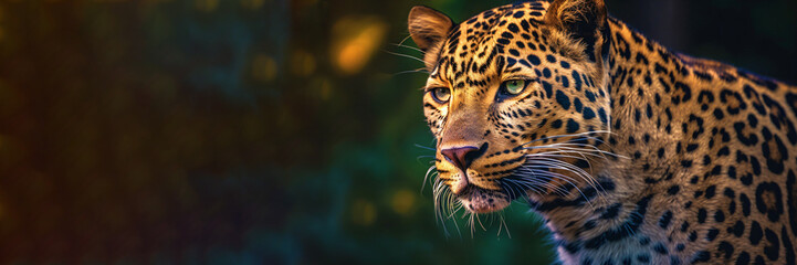 Naklejka na ściany i meble Bokeh portrait of a leopard in the background of blured lights, Generative AI