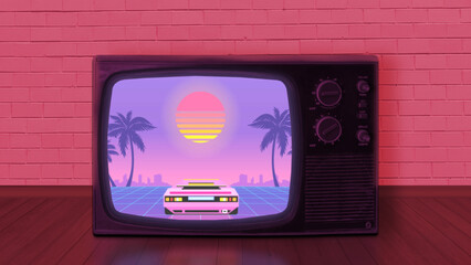 3d illustration of an old vintage tv set with a retro game on the screen, standing on the wooden floor, brick wall background