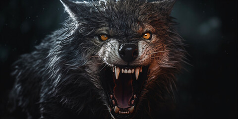 angry wolf with mouth open and sharp teeth, generative ai