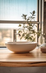 Wooden table top with blurred bathroom background. Generative AI
