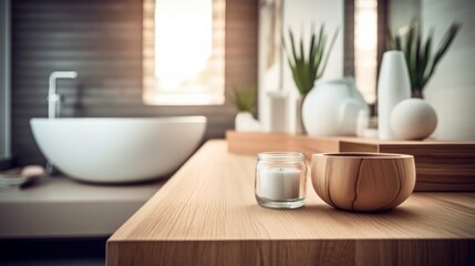 Fototapeta na wymiar Wooden table top with blurred bathroom background. Generative AI