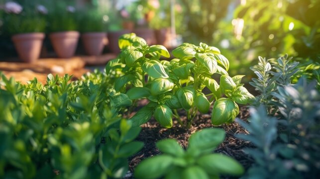 basil plant in a garden, surrounded by other herbs and flowers