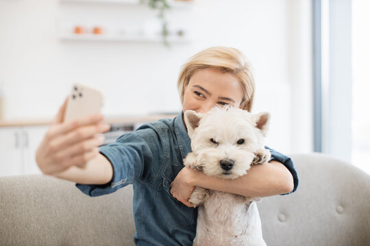 Close up view of vivid blonde lady in denim shirt looking at front camera of mobile while hugging smart terrier indoors. Lovely woman getting self-taken picture with furry friend on room background.