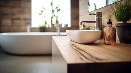 Obraz na płótnie Canvas Wooden table top with blurred bathroom background. Generative AI