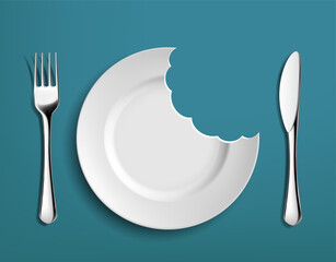 White empty plate with a bitten edge. Vector illustration