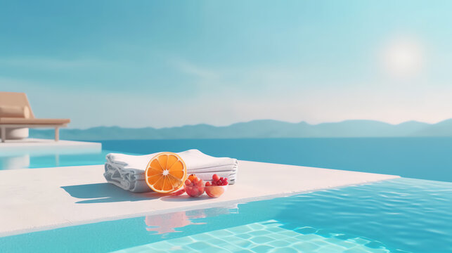 summer fruit and towel in swimming pool ai generative