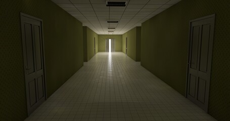 alone in the dark of empty backroom liminal space 3d render