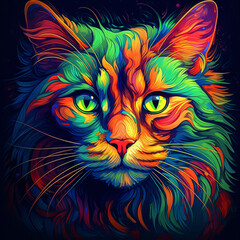 Neon iridescent psychedelic cat, Generative AI