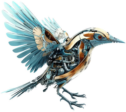 Flying robotic bird as mechanical cyber animal isolated on a white background, generative AI technology