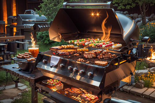 BBQ and grill - steak, ribs, corn, burgers, hot dogs, grill marks, smoke, BBQ sauce, charcoal, summertime