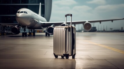 A suitcase on a runway with a blurred airplane in the background. Travel and business concept. Generative AI