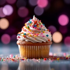 Fototapeta na wymiar Colorful Sprinkled Cupcake, Hyperrealistic CloseUp. Generative AI