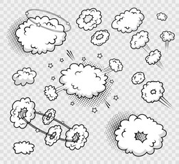 Funny smoke shapes in pop art style. Cartoon bomb explosion. Speech bubble element. Retro frame with balloons and wind. Sky air banner. Comic background with speed clouds. Vector illustration.