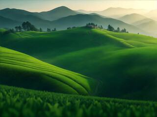 Green tea field on mountain, Generative AI Illustration.
