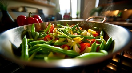 green beans being cooked in a stir-fry dish with colorful bell peppers and onions