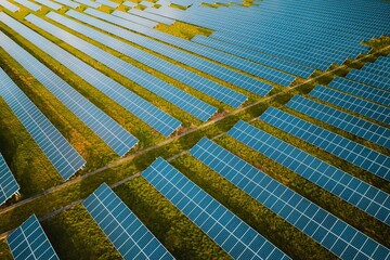 Solar panel rows aerial view. Photovoltaic panels farm from the sky, diagonal rows for renewable solar energy. Reducing carbon footprint concept, clean green energy for the future.