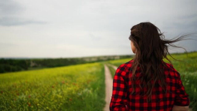 Woman field flowers. Rear view of woman walking in slow motion through a field. A woman is walking alone in a meadow field holding a bouquet of daisies, dressed in a red plaid shirt.