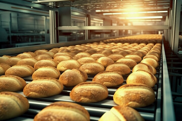 Loaves of bread in a bakery on an automated conveyor line. Bread on a conveyor. Generated by AI