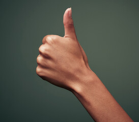Thumbs up, hand gesture with emoji and agreement, person with approval and feedback isolated on green background. Yes, like and thank you, mockup space with OK sign and support closeup in studio