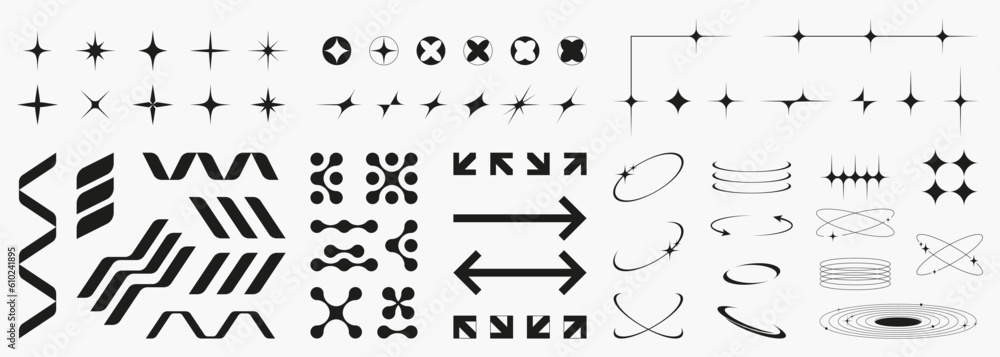 Wall mural set of retro futuristic elements. y2k abstract geometric shapes and objects.