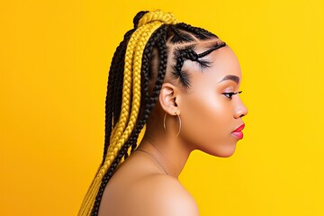 Pretty Afro-American woman with colorful braids on a color background. Generative AI - obrazy, fototapety, plakaty